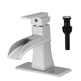 Sink Faucet With Deck Plate Waterfall Brushsed with Pop Up Drain and Supply Lines Bathroom faucets for Sink 1 Hole One Handle Faucets Vanity Bath Mixe