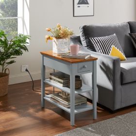 Narrow 2-tone End Table with USB Charging Ports for Small Space, SOLID WOOD Table Legs, Gray and Walnut, 11.8"W*24"D*24.2"H