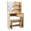 Vanity Desk Set Stool & Dressing Table with LED Lighting Mirror Drawer and Compartments Modern Wood Cosmetic Table Chest of Drawers Nature Color