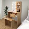 Vanity Desk Set Stool & Dressing Table with LED Lighting Mirror Drawer and Compartments Modern Wood Cosmetic Table Chest of Drawers Nature Color