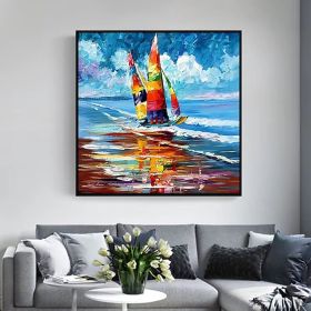 Abstract oil painting Boats Oil Canvas Painting Sea Landscape 100% handmade Wall Art Picture for Living Room Home Decor (size: 90x90cm)