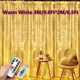 1pc; Window String Lights; Christmas Decoration 100/200/300 LED Remote Control USB Wedding Garland Curtain Lamp 3M/9.8Ft Fairy Lights (Color: Warm White, size: 9.84ftx6.56ft -200LED)