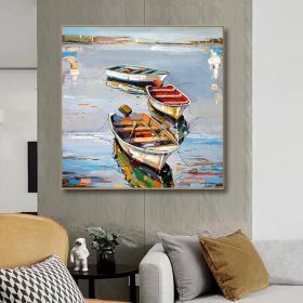 Hand Painted Oil Painting Canoe oil Paintings Nordic Seascape-Hand-Painted- Colorful Boats Oil Painting-Wall Art Handmade- For Home Decoration (Style: 01, size: 60x60cm)