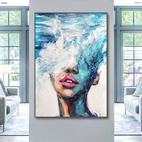 Hand Painted Oil Painting Abstract Portrait Wall Art Hand painted-Nordic Light Blue Girl Oil Paintings On Canvas-Hand Made-For Home Decoration (Style: 01, size: 50x70cm)