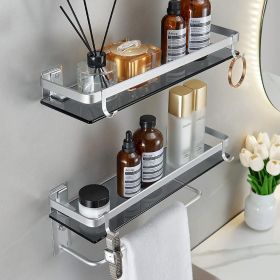 Glass Shelf for Bathroom 15.7 in Bathroom Shelves with Towel Bar Tempered Glass Shelves with 4 Removable Hooks for Wall(2 Tier) (Color: silver)