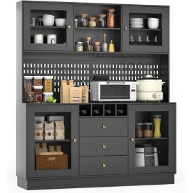 VOWNER Pantry Cabinet, Kitchen Storage Cabinet, Freestanding Buffet Hutch with Pegboard, Cup Holder, Power Outlet, 4 Doors & 3 (Color: Black)