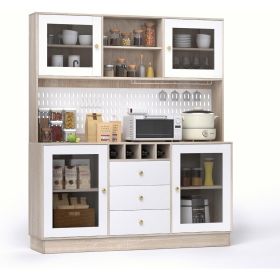 VOWNER Pantry Cabinet, Kitchen Storage Cabinet, Freestanding Buffet Hutch with Pegboard, Cup Holder, Power Outlet, 4 Doors & 3 (Color: White and Oak Color)