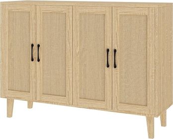 Panana Buffet Storage Cabinet with Rattan Decorating 4 Doors Living Room Kitchen Sideboard 48.43 X 34.65 X 15 Inch (Natural Wood (Color: Natural Wood)