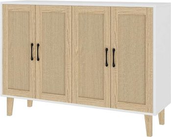 Panana Buffet Storage Cabinet with Rattan Decorating 4 Doors Living Room Kitchen Sideboard 48.43 X 34.65 X 15 Inch (Natural Wood (Color: White)