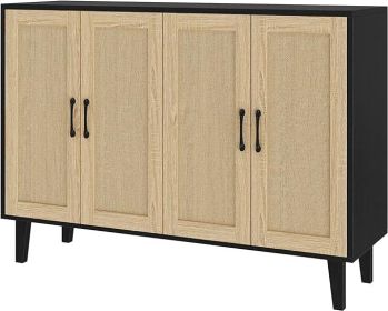 Panana Buffet Storage Cabinet with Rattan Decorating 4 Doors Living Room Kitchen Sideboard 48.43 X 34.65 X 15 Inch (Natural Wood (Color: Black)