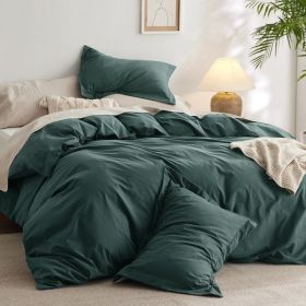 100%Washed Cotton Duvet Cover Minimalist Duvet Cover Linen Like 3 Pieces Plain Simple Cotton Duvet Cover Set with 2 Pillow Shams (Color: 10 - Forest Green, size: Queen (90  X 90 ))