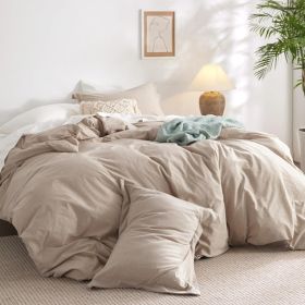 100%Washed Cotton Duvet Cover Minimalist Duvet Cover Linen Like 3 Pieces Plain Simple Cotton Duvet Cover Set with 2 Pillow Shams (Color: 06 - Warm Sand, size: Full (80  X 90 ))