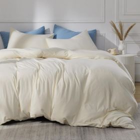 100%Washed Cotton Duvet Cover Minimalist Duvet Cover Linen Like 3 Pieces Plain Simple Cotton Duvet Cover Set with 2 Pillow Shams (Color: - Cream White, size: Queen (90  X 90 ))