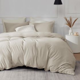 100%Washed Cotton Duvet Cover Minimalist Duvet Cover Linen Like 3 Pieces Plain Simple Cotton Duvet Cover Set with 2 Pillow Shams (Color: - Beige, size: Queen (90  X 90 ))