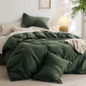 100%Washed Cotton Duvet Cover Minimalist Duvet Cover Linen Like 3 Pieces Plain Simple Cotton Duvet Cover Set with 2 Pillow Shams (Color: 09 - Olive Green, size: Queen (90  X 90 ))