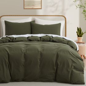 100% Washed Cotton Duvet Cover Set, Durable Fade-Resistant Natural Bedding Set (No Comforter) (Color: Olive Green, size: KING)