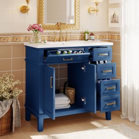 36-inch Bathroom Vanity with Resin Sink, Modern Bathroom Cabinet, Featuring Two Soft Close Doors and Four Drawers (Color: Blue, Material: Solid Wood+MDF+Resin)