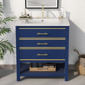 [Viedo]Modern 30inch Navy Blue/White Bathroom Vanity Cabinet Combo with Open Storge, Two Drawers (Color: Blue, Material: Solid Wood+MDF)