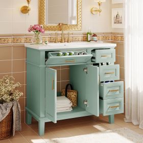 36-inch Bathroom Vanity with Resin Sink, Modern Bathroom Cabinet, Featuring Two Soft Close Doors and Four Drawers (Color: Green, Material: Solid Wood+MDF+Resin)